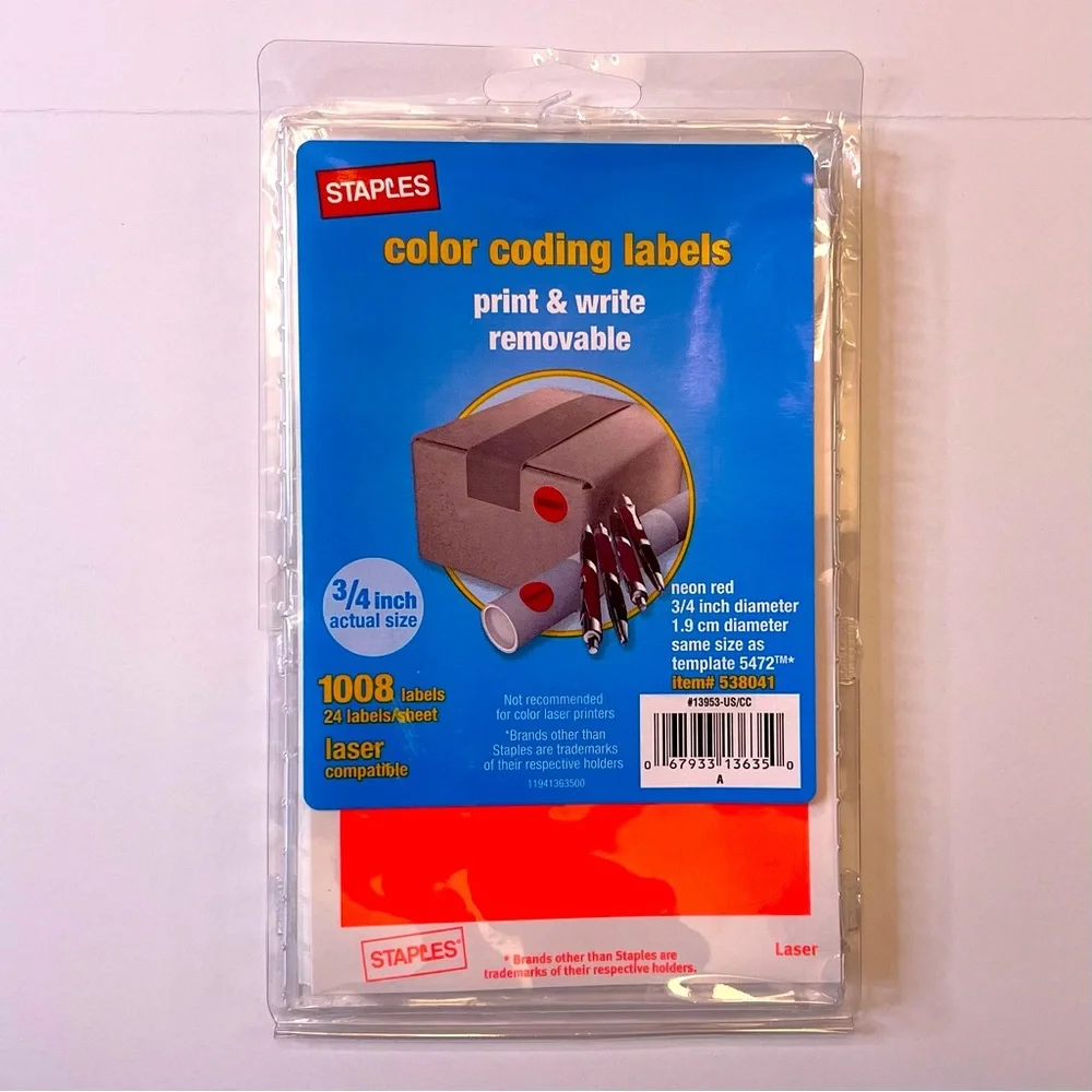 Staples Color Coding Labels (792). Laser Print or Write. Removable. Neon Red.